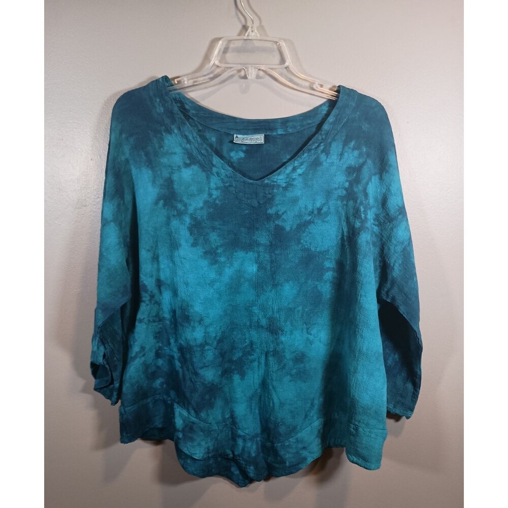 Cottonways Teal Cotton Gauze Rolltab Sleeve Tie Dye Top Size 2 Large / XL